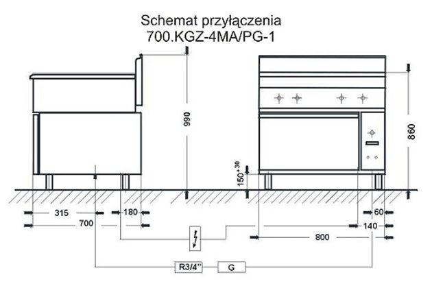 4 hořáky s plyn. troubou linie 700.KG-4/PG-22